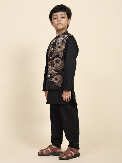 Pre-Order: Golden Flower Velvet Koti with Black Kurta Pajama Set
