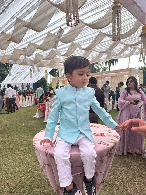 Pre-Order: Solid Sky Blue Pure Linen Bandgala Blazer with White Kurta Pajama  Set