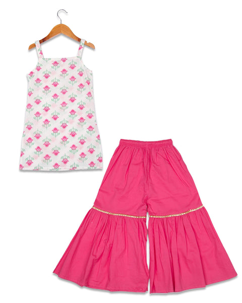 Aatya Kiids Beautiful Flower print with gota embellished Sleeveless Kurta with Sharara - Pink/White.