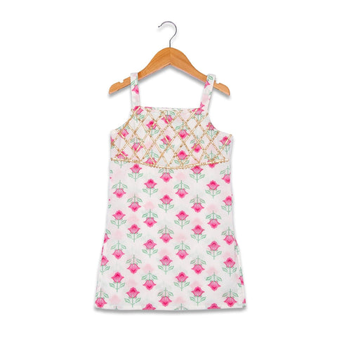 Aatya Kiids Beautiful Flower print with gota embellished Sleeveless Kurta with Sharara - Pink/White.