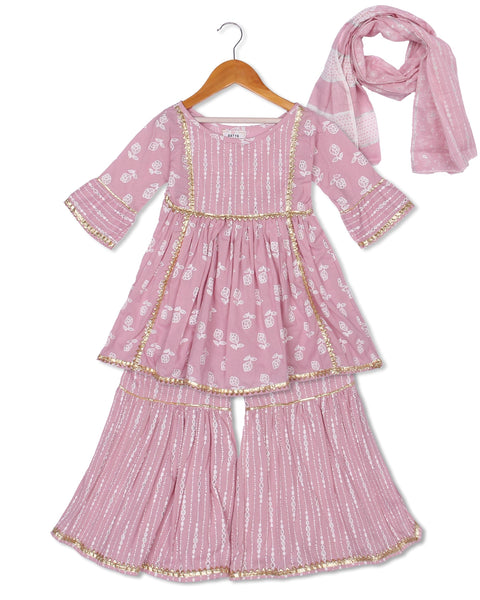 Aatya Kiids Pink Printed Gota embellished Kurta and Sharara with Dupatta - Pink.