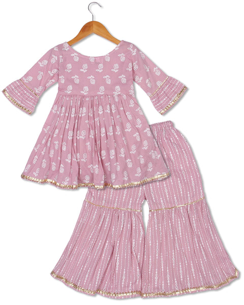 Aatya Kiids Pink Printed Gota embellished Kurta and Sharara with Dupatta - Pink.