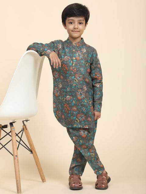 Pre-Order: Dark flowers Print Pure Linen Kurta  and Pajama Set