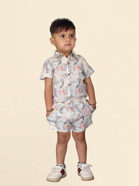 Pre-Order: Grey Leaves Printed Pure Linen  Premium Co-ords