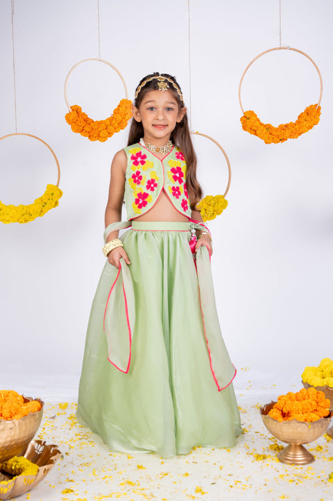 Pre-Order: Lime Green Floral Appliqued Lehenga Set