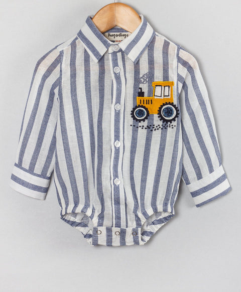 Stripe print onesie with truck patch work-Blue/White