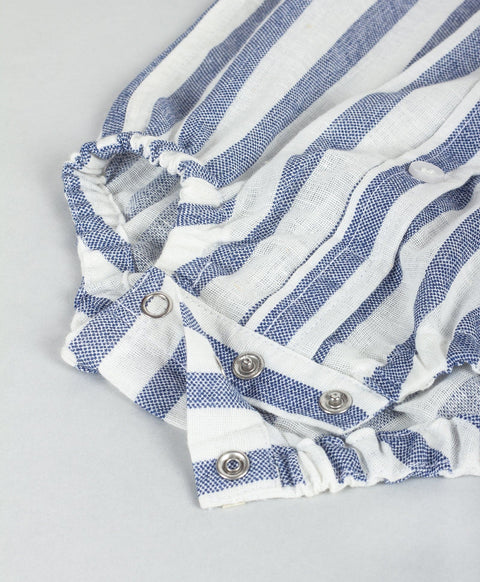 Stripe print onesie with truck patch work-Blue/White