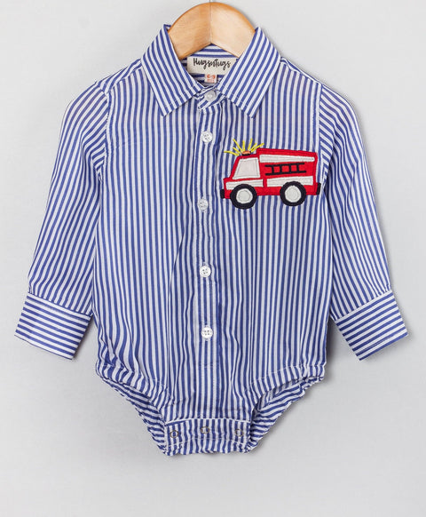 Stripe print onesie with fire truck patch work-Blue