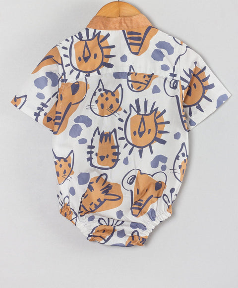 All over Animal print boys onesie with contrast collars-Beige