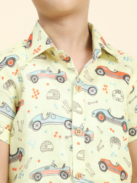 Pre-Order: Yellow Car Printed Pure Linen  Premium Co-ords