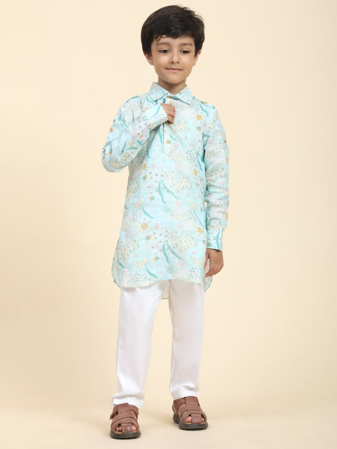 Pre-Order: Waterlife Print Pure Linen Kurta  and Premium Cotton Pajama Set
