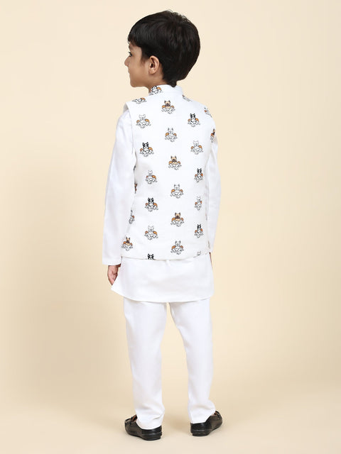 Pre-Order: Dog Print Linen Koti with Pure Cotton White Kurta Pajama Set