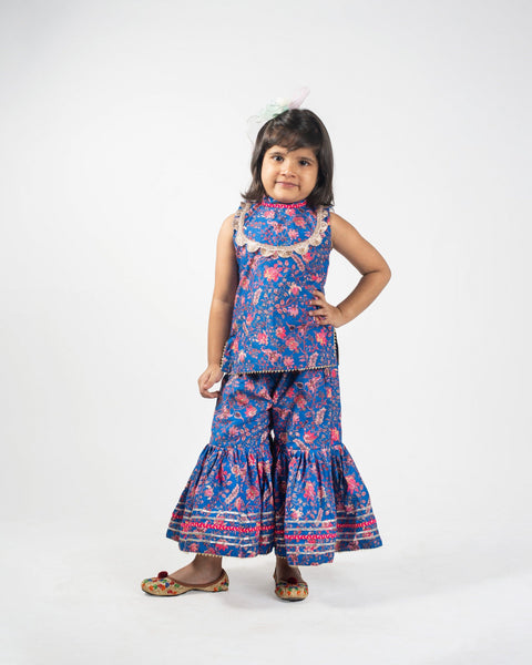 Pre-Order: Flower printed Blue Top with Sharara