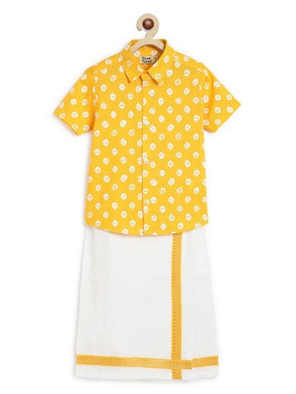 Pre-Order: Boy Bandhani Print Cotton Mundu shirt Set - Yellow
