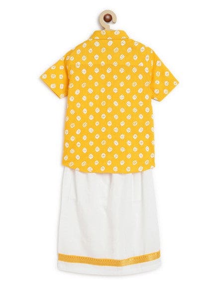 Pre-Order: Boy Bandhani Print Cotton Mundu shirt Set - Yellow