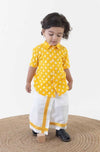 Boy Bandhani Print Cotton Mundu shirt Set - Yellow