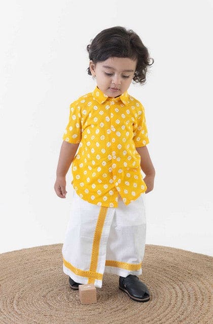 Pre-Order: Boy Bandhani Print Cotton Mundu shirt Set - Yellow