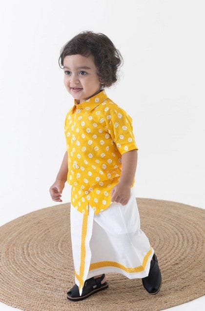 Pre-Order: Boy Bandhani Print Cotton Mundu shirt Set - Yellow