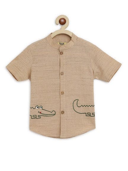 Boy Crocodile Embroidered Cotton Shirt  - Beige