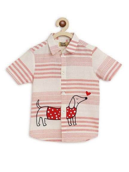 Boy Dog Embroidered Cotton Shirt  - Pink