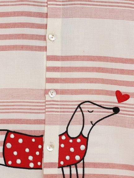 Boy Dog Embroidered Cotton Shirt  - Pink