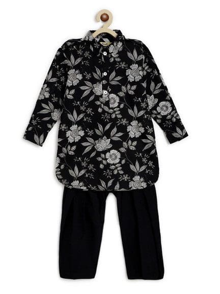 Pre-Order: Boy Printed Cotton Pathani Kurta Set - Black