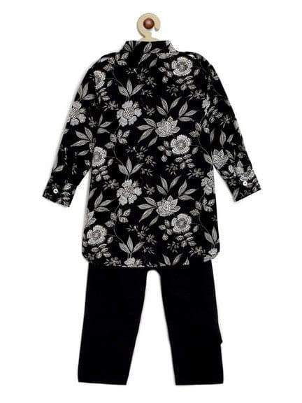 Pre-Order: Boy Printed Cotton Pathani Kurta Set - Black