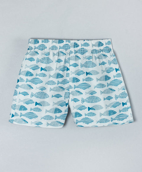 All over fish print boys shorts set-Sky Blue