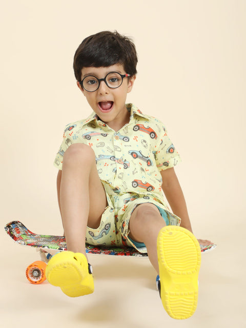 Pre-Order: Yellow Car Printed Pure Linen  Premium Co-ords