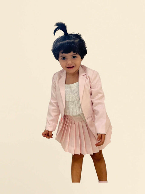 Pre-Order: Solid Pink Blazer Skirt with White Pintex Spegitti Set