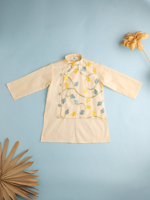 Pre-Order: BOYS EMBROIDERED COTTON KURTA SET-BEIGE