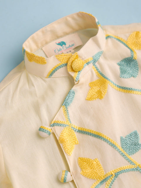Pre-Order: BOYS EMBROIDERED COTTON KURTA SET-BEIGE