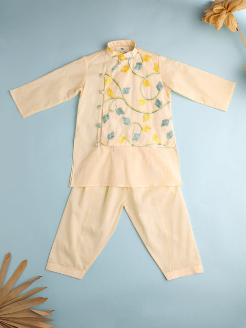 Pre-Order: BOYS EMBROIDERED COTTON KURTA SET-BEIGE