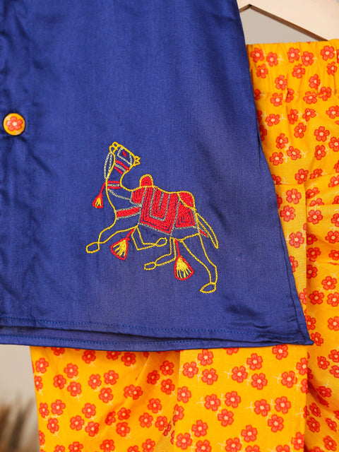 Pre-Order: BOY CAMEL EMBROIDERED COTTON DHOTI KURTA SET-NAVYBLUE