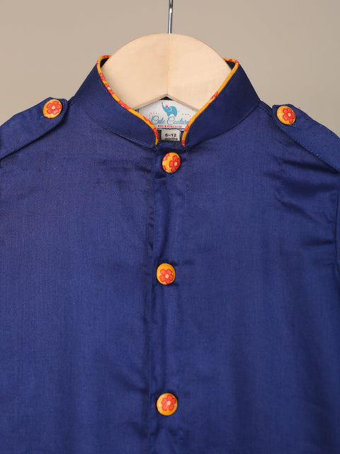 Pre-Order: BOY CAMEL EMBROIDERED COTTON DHOTI KURTA SET-NAVYBLUE
