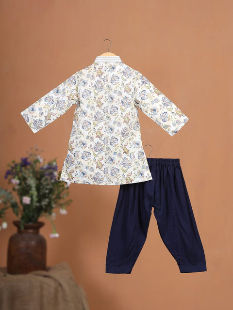 Pre-Order- Boys Floral Hemming Kurta Set- Beige