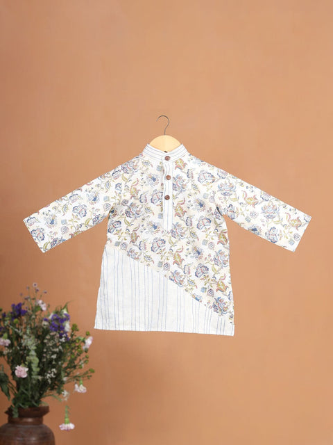 Pre-Order- Boys Floral Hemming Kurta Set- Beige