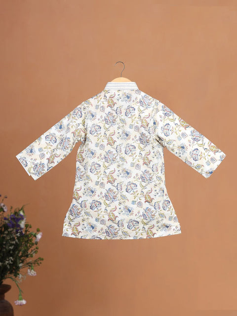 Pre-Order- Boys Floral Hemming Kurta Set- Beige