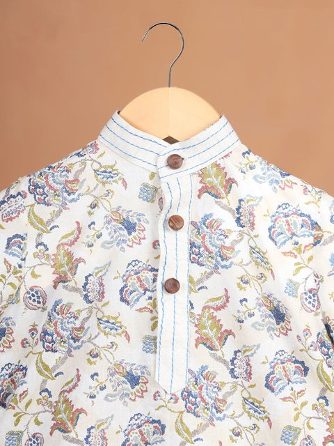 Pre-Order- Boys Floral Hemming Kurta Set- Beige
