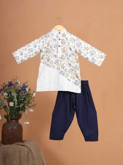 Pre-Order- Boys Floral Hemming Kurta Set- Beige
