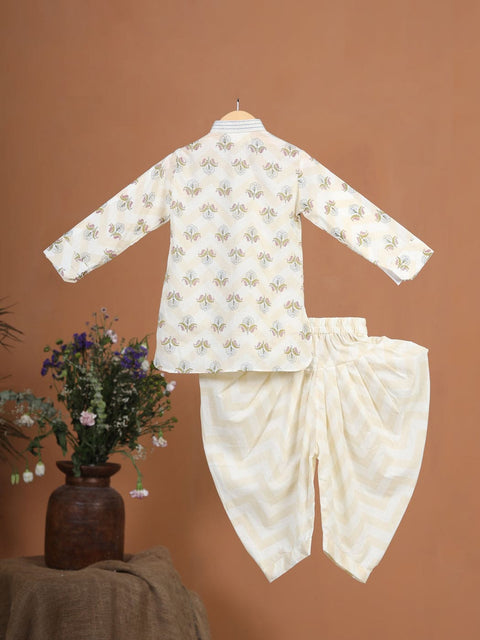 Pre-Order- Boys Floral Cotton Kurta Set- Beige