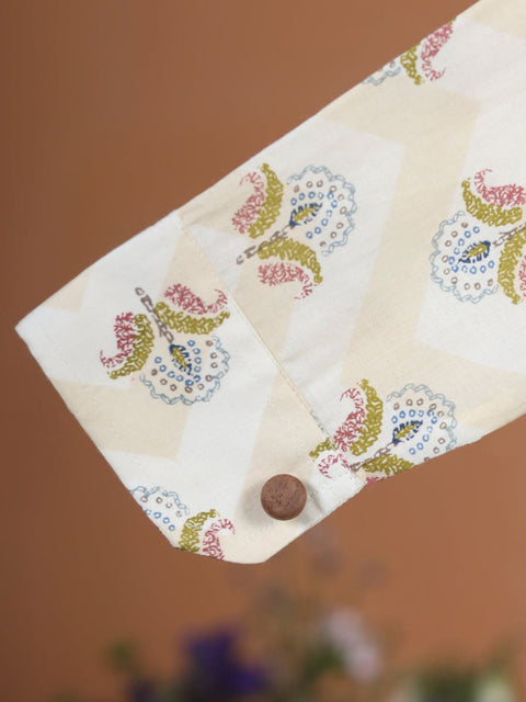 Pre-Order- Boys Floral Cotton Kurta Set- Beige