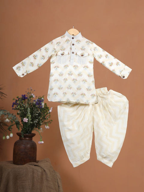 Pre-Order- Boys Floral Cotton Kurta Set- Beige