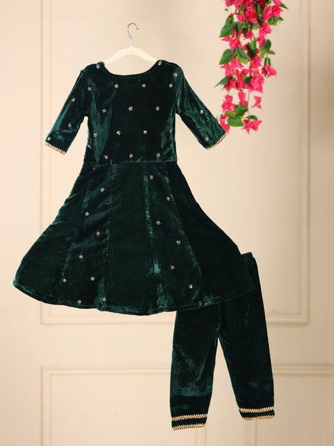 Pre-Order- GIRL VELVET KURTA AND PANT SET - BOTTLE GREEN