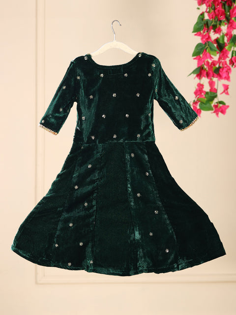 Pre-Order- GIRL VELVET KURTA AND PANT SET - BOTTLE GREEN