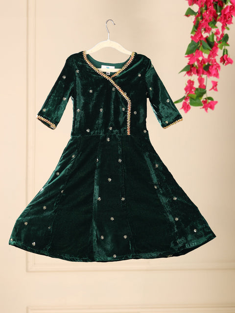 Pre-Order- GIRL VELVET KURTA AND PANT SET - BOTTLE GREEN