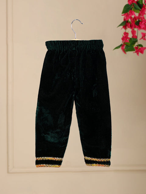 Pre-Order- GIRL VELVET KURTA AND PANT SET - BOTTLE GREEN