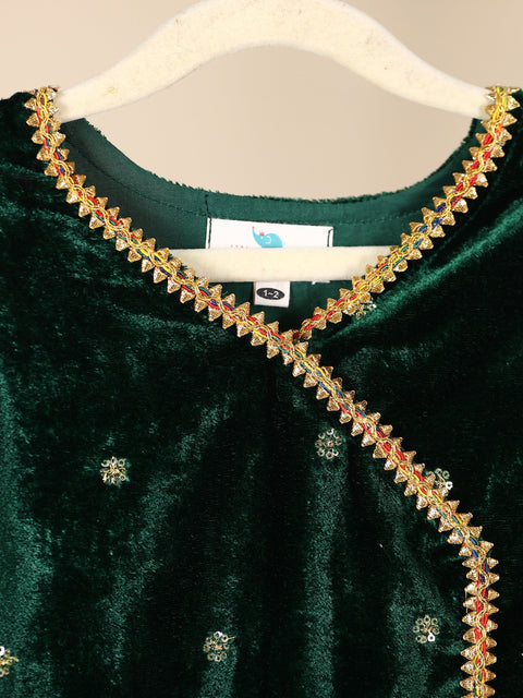 Pre-Order- GIRL VELVET KURTA AND PANT SET - BOTTLE GREEN