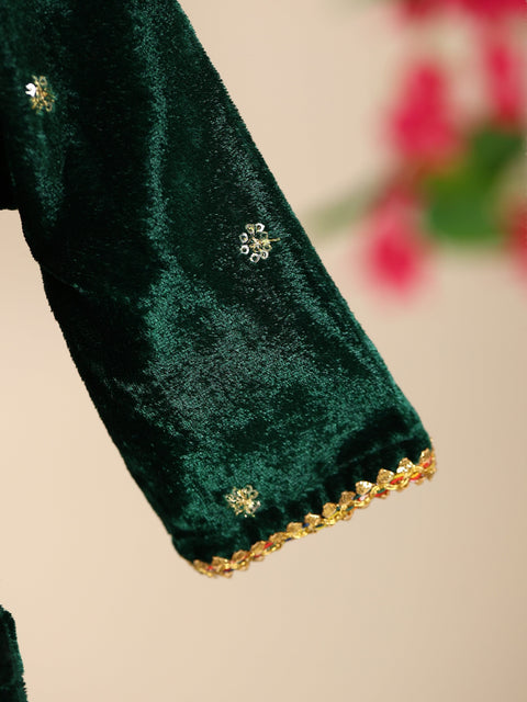 Pre-Order- GIRL VELVET KURTA AND PANT SET - BOTTLE GREEN