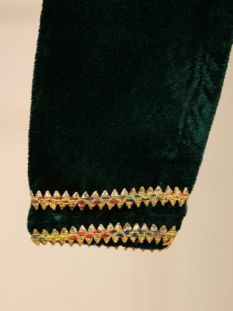 Pre-Order- GIRL VELVET KURTA AND PANT SET - BOTTLE GREEN